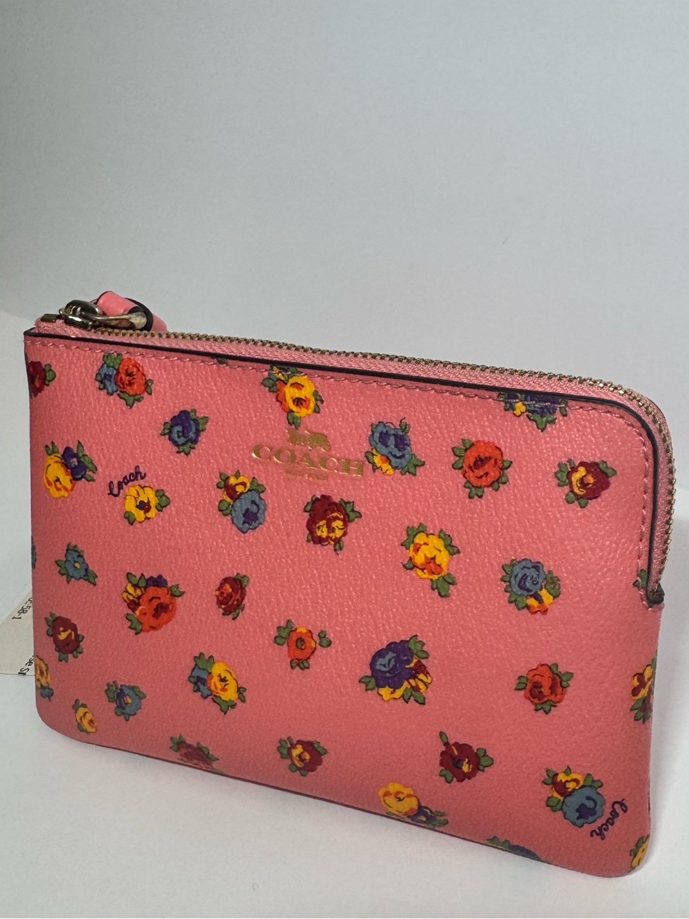 Coach Pink Floral Leather Zip Pouch with Multicolor Blooms